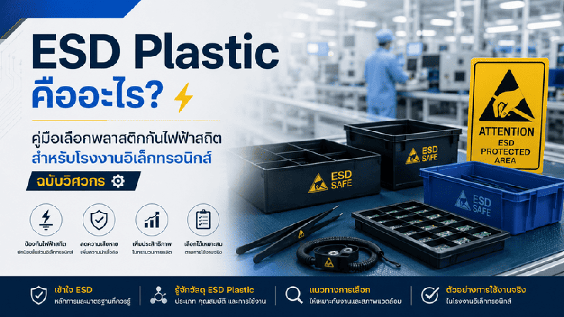 ESD Plastic คืออะไร? คู่มือเลือกพลาสติกกันไฟฟ้าสถิตสำหรับโรงงานอิเล็กทรอนิกส์ ฉบับวิศวกร ESD Plastic คืออะไร? คู่มือเลือกพลาสติกกันไฟฟ้าสถิตสำหรับโรงงานอิเล็กทรอนิกส์ ฉบับวิศวกร