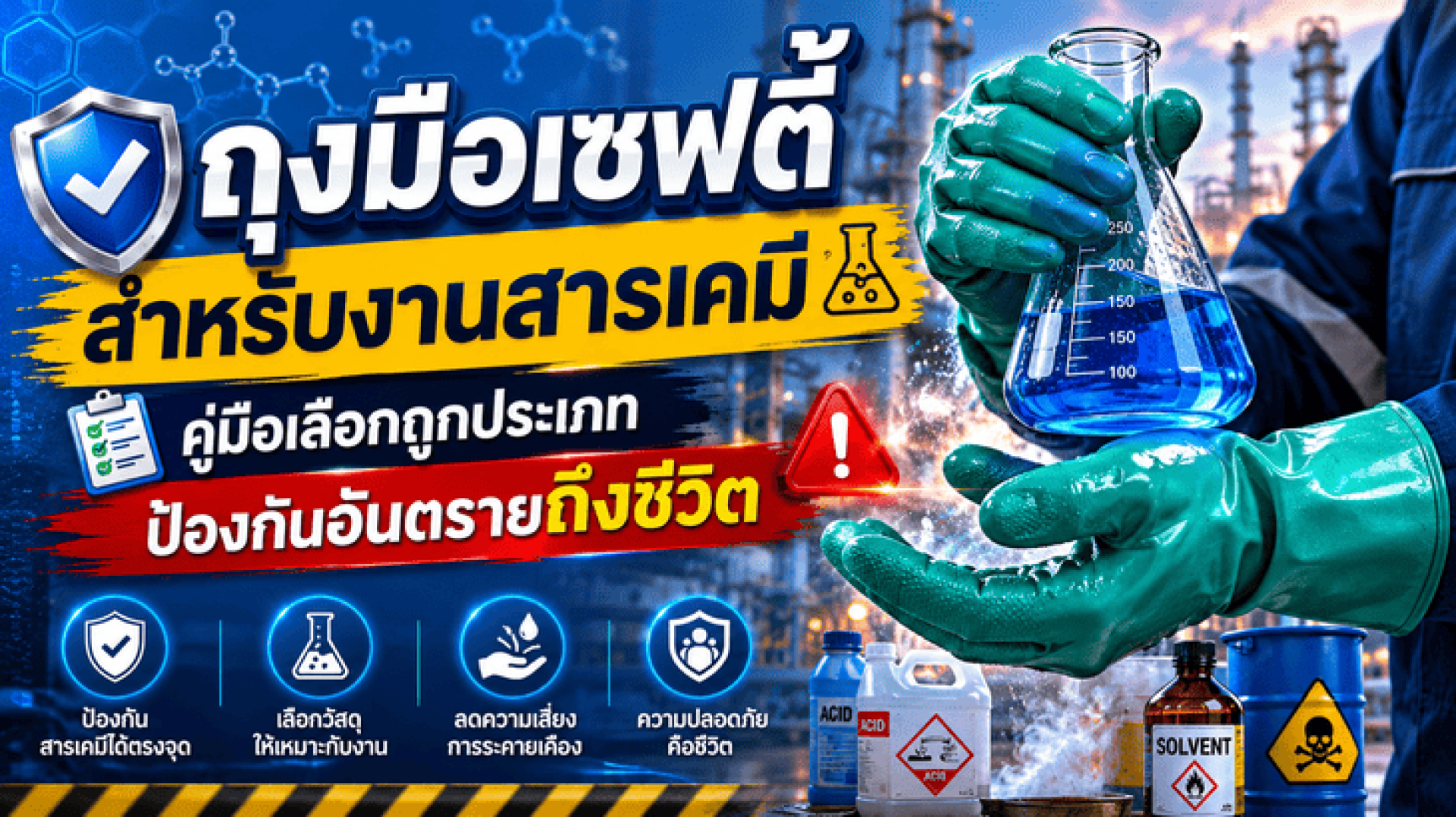 ถุงมือเซฟตี้สำหรับงานสารเคมี: คู่มือเลือกถูกประเภท ป้องกันอันตรายถึงชีวิต ถุงมือเซฟตี้สำหรับงานสารเคมี: คู่มือเลือกถูกประเภท ป้องกันอันตรายถึงชีวิต