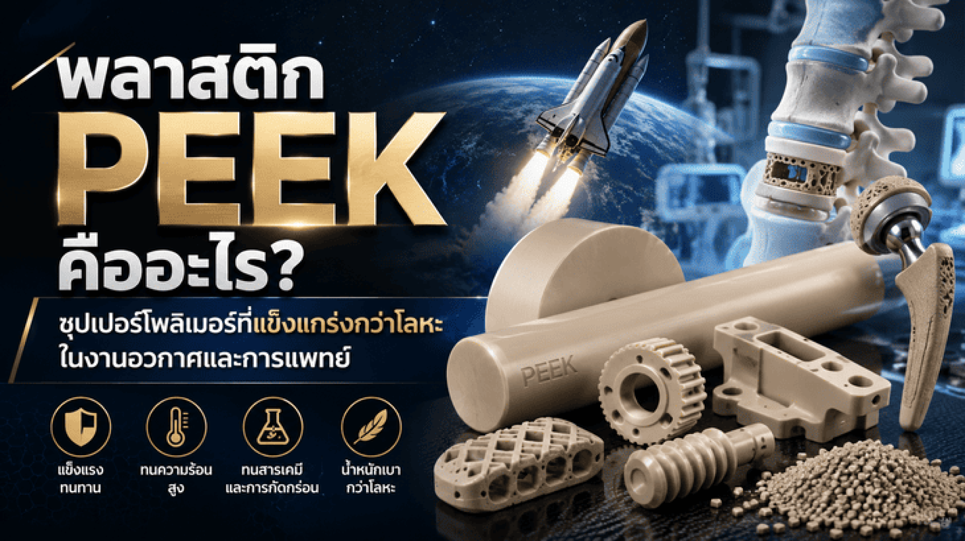 พลาสติก PEEK คืออะไร? ซุปเปอร์โพลิเมอร์ที่แข็งแกร่งกว่าโลหะในงานอวกาศและการแพทย์ พลาสติก PEEK คืออะไร? ซุปเปอร์โพลิเมอร์ที่แข็งแกร่งกว่าโลหะในงานอวกาศและการแพทย์
