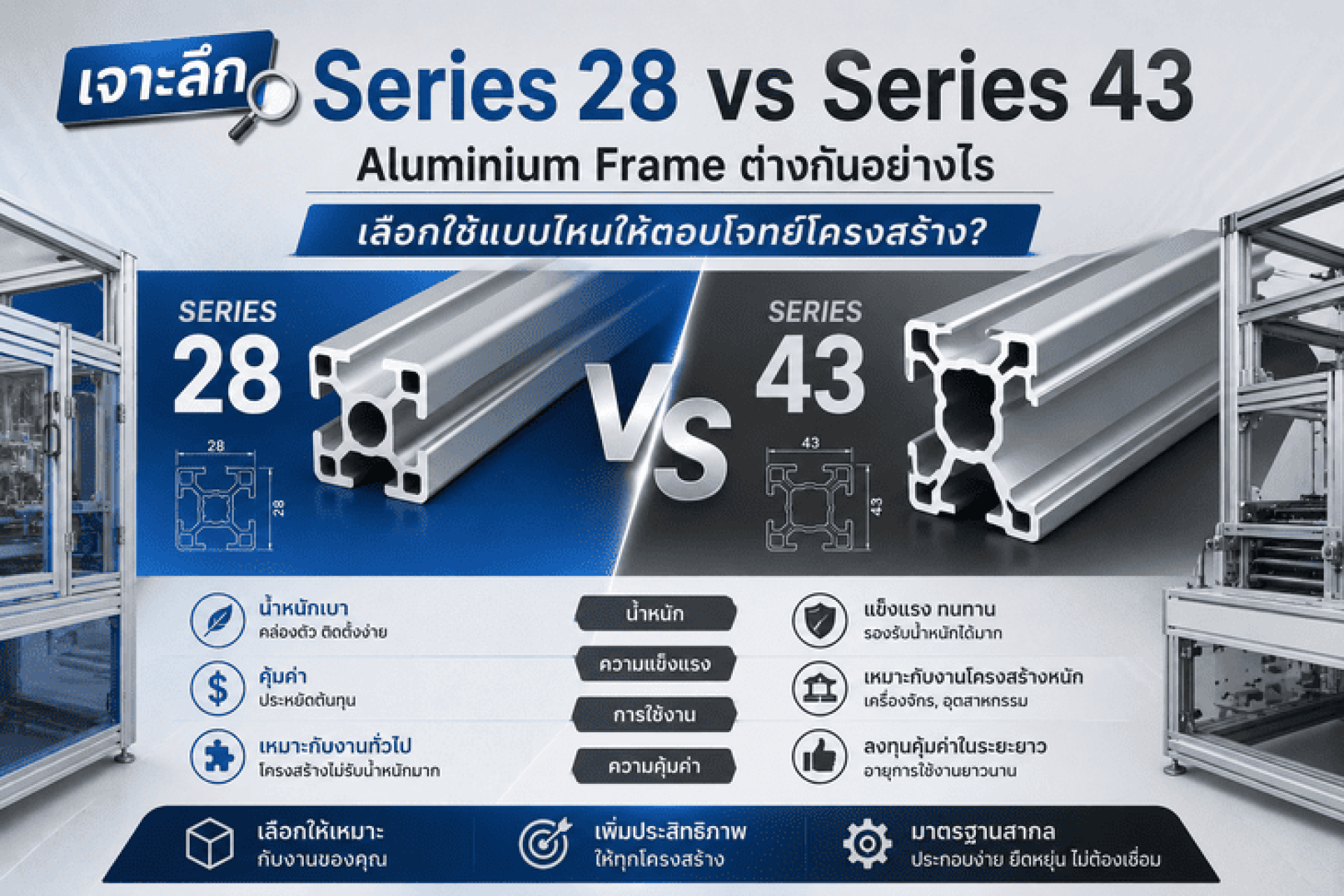 เจาะลึก Series 28 vs Series 43 Aluminium Frame ต่างกันอย่างไร เลือกใช้แบบไหนให้ตอบโจทย์โครงสร้าง เจาะลึก Series 28 vs Series 43 Aluminium Frame ต่างกันอย่างไร เลือกใช้แบบไหนให้ตอบโจทย์โครงสร้าง