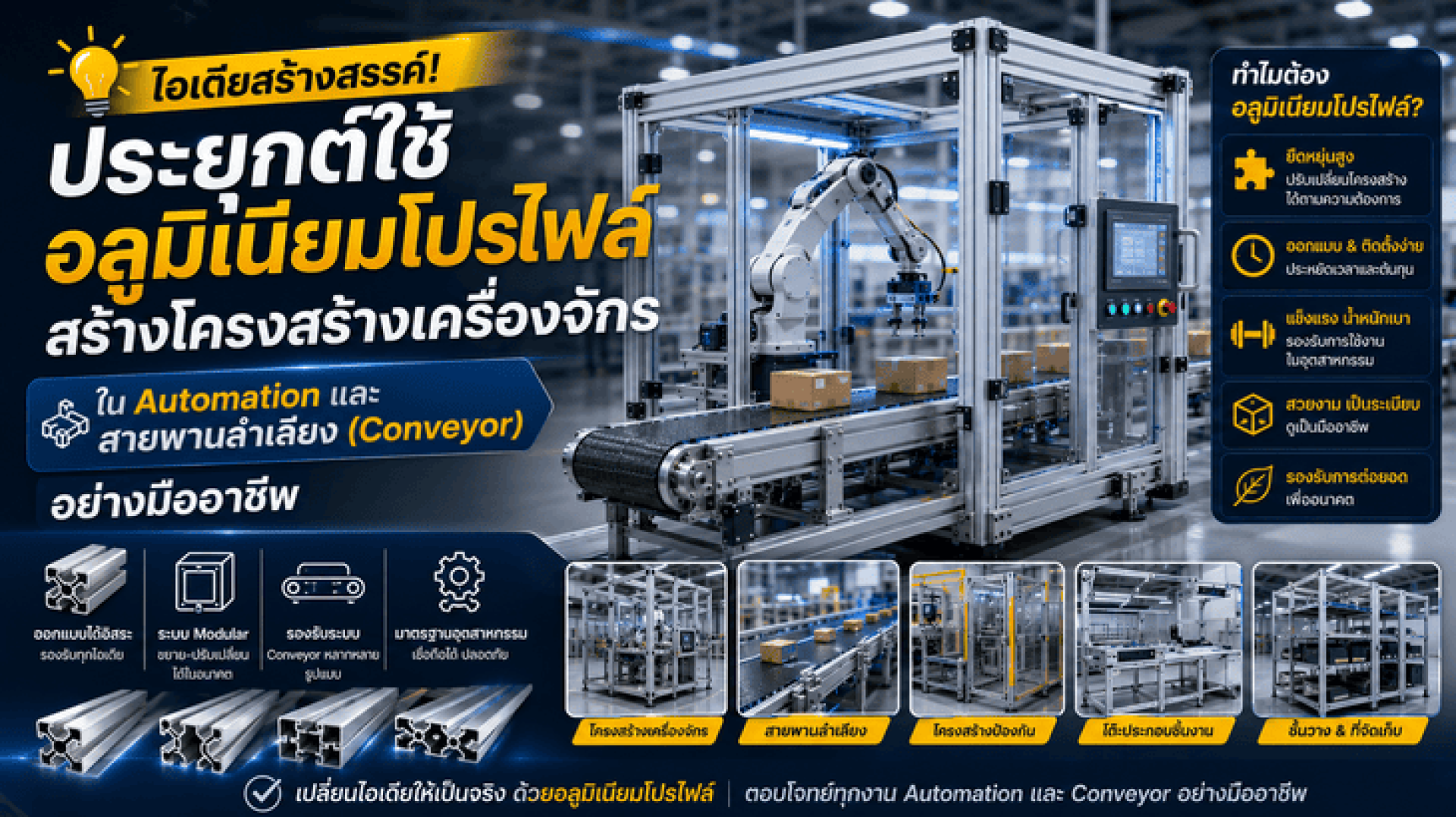 ไอเดียสร้างสรรค์ ประยุกต์ใช้อลูมิเนียมโปรไฟล์สร้างโครงสร้างเครื่องจักรใน Automation และสายพานลำเลียง Conveyor อย่างมืออาชีพ ไอเดียสร้างสรรค์ ประยุกต์ใช้อลูมิเนียมโปรไฟล์สร้างโครงสร้างเครื่องจักรใน Automation และสายพานลำเลียง Conveyor อย่างมืออาชีพ