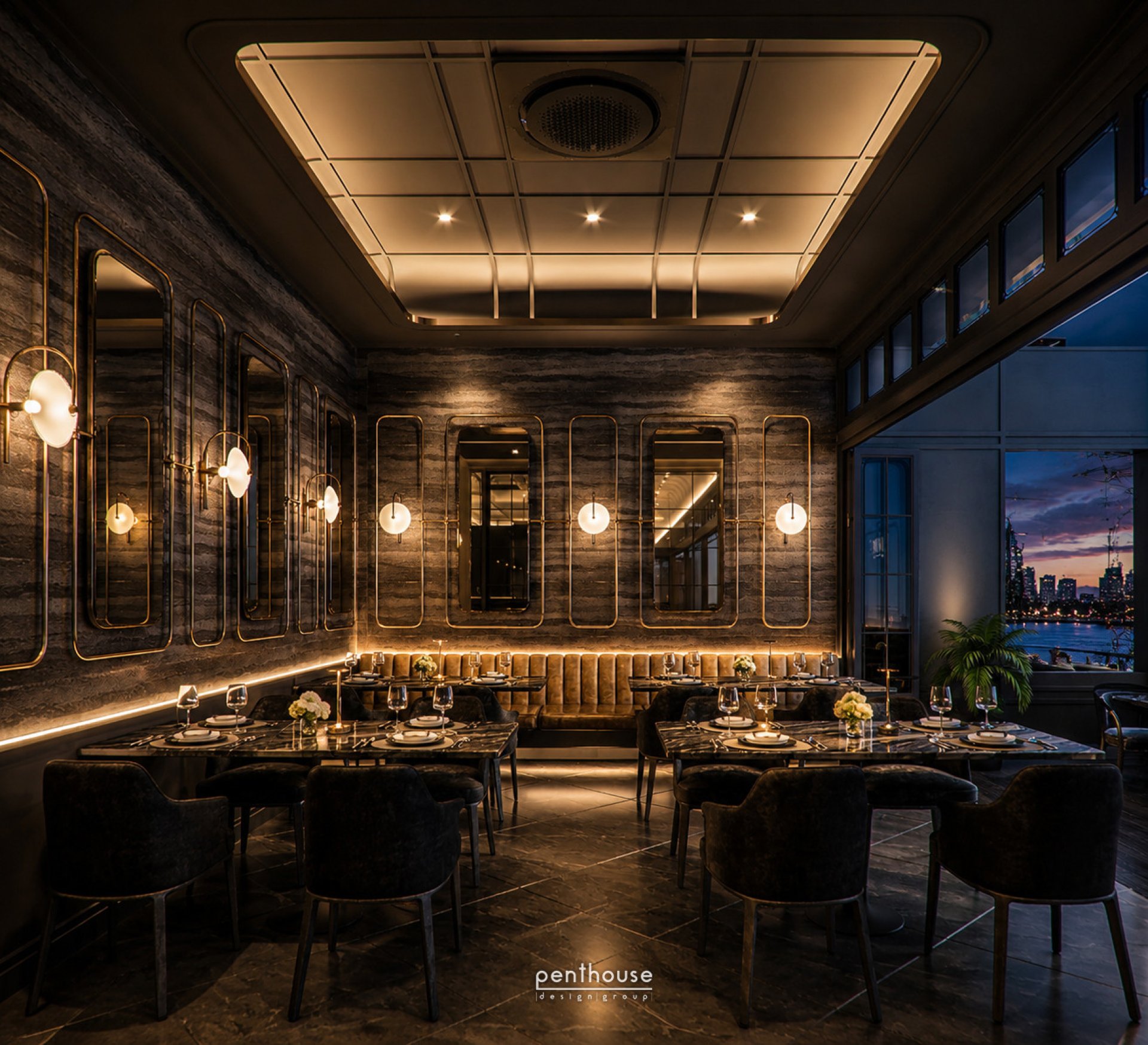 ภาพออกแบบ 3D Rivaruk แสดงโต๊ะอาหาร เก้าอี้ และช่องเปิดมองวิวริมแม่น้ำ / Rivaruk project 3D rendering showing dining tables, chairs and windows towards the river