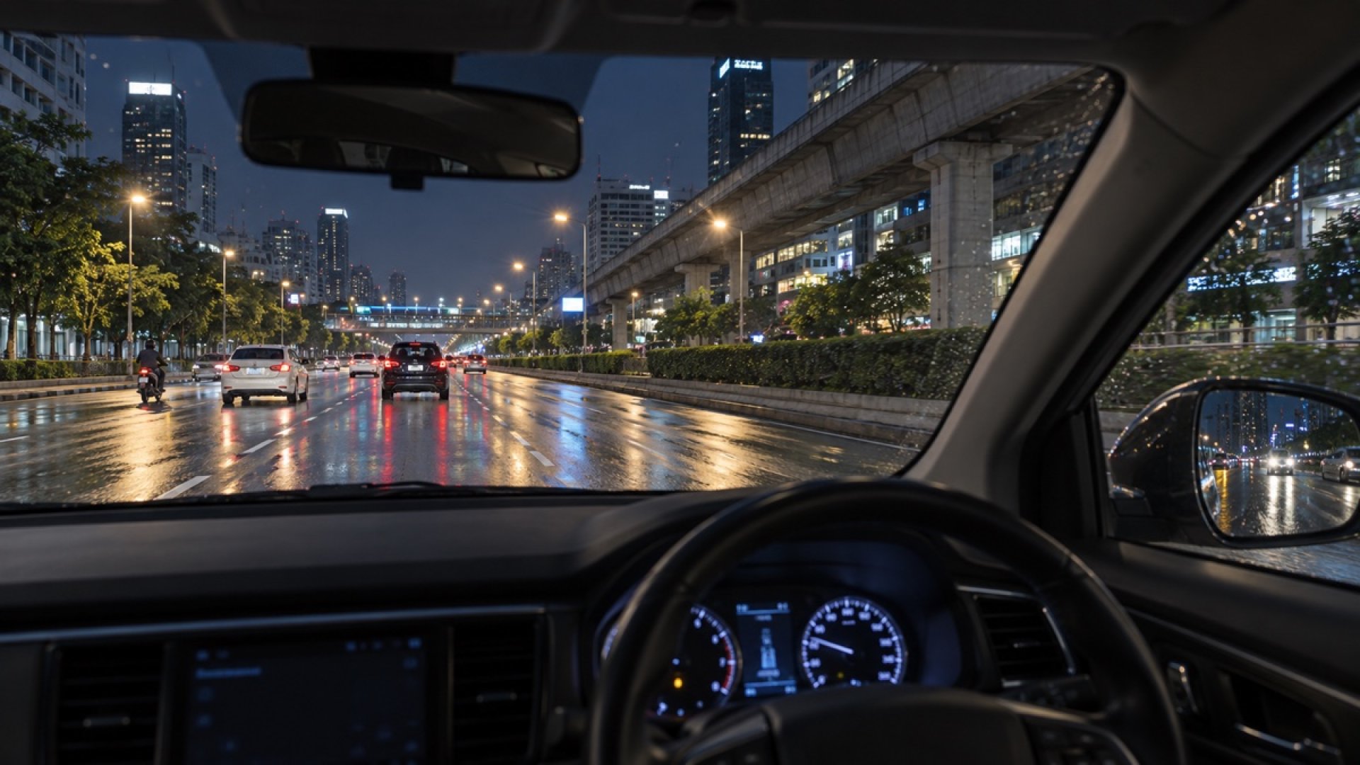 มุมมองจากที่นั่งคนขับบนถนนกรุงเทพเวลากลางคืนหลังฝนตก สำหรับเลือกฟิล์มรถยนต์ มุมมองจากที่นั่งคนขับบนถนนกรุงเทพเวลากลางคืนหลังฝนตก สำหรับเลือกฟิล์มรถยนต์