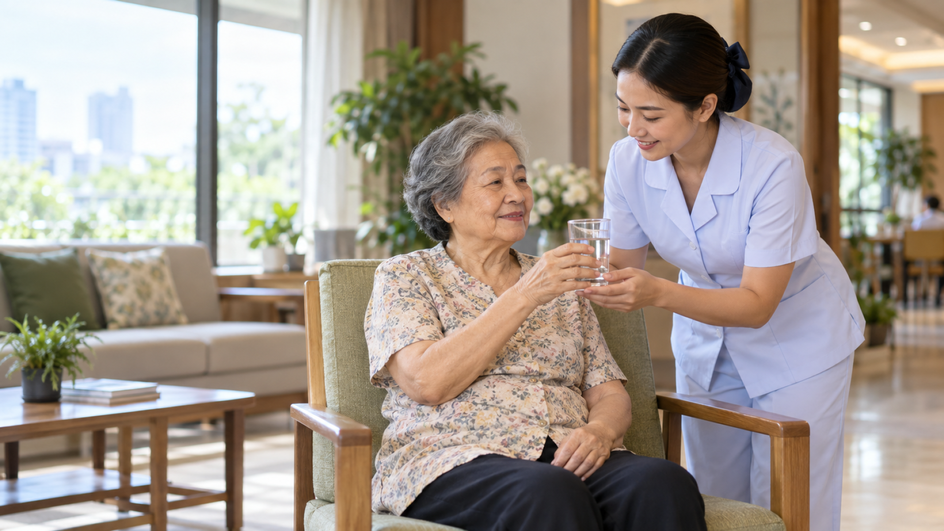 Thai nurse offering water to an older adult safely Thai nurse offering water to an older adult safely