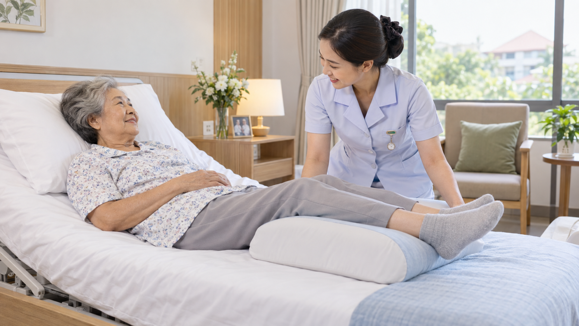 Nurse helping an older adult reposition safely to prevent pressure injuries at Khunkha Nursing Home Nurse helping an older adult reposition safely to prevent pressure injuries at Khunkha Nursing Home