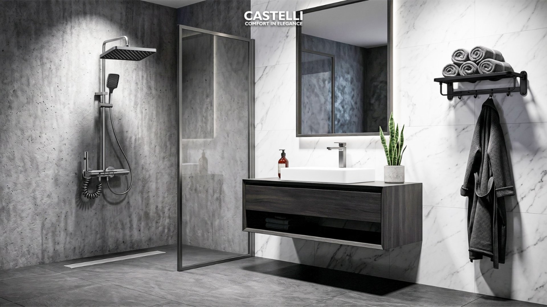 Inspirasi Kamar Mandi Monokrom Castelli Sanitary Tampilan estetik kamar mandi bergaya monokrom hitam putih yang elegan, dilengkapi dengan produk sanitary ware matte black premium dari Castelli Sanitary.