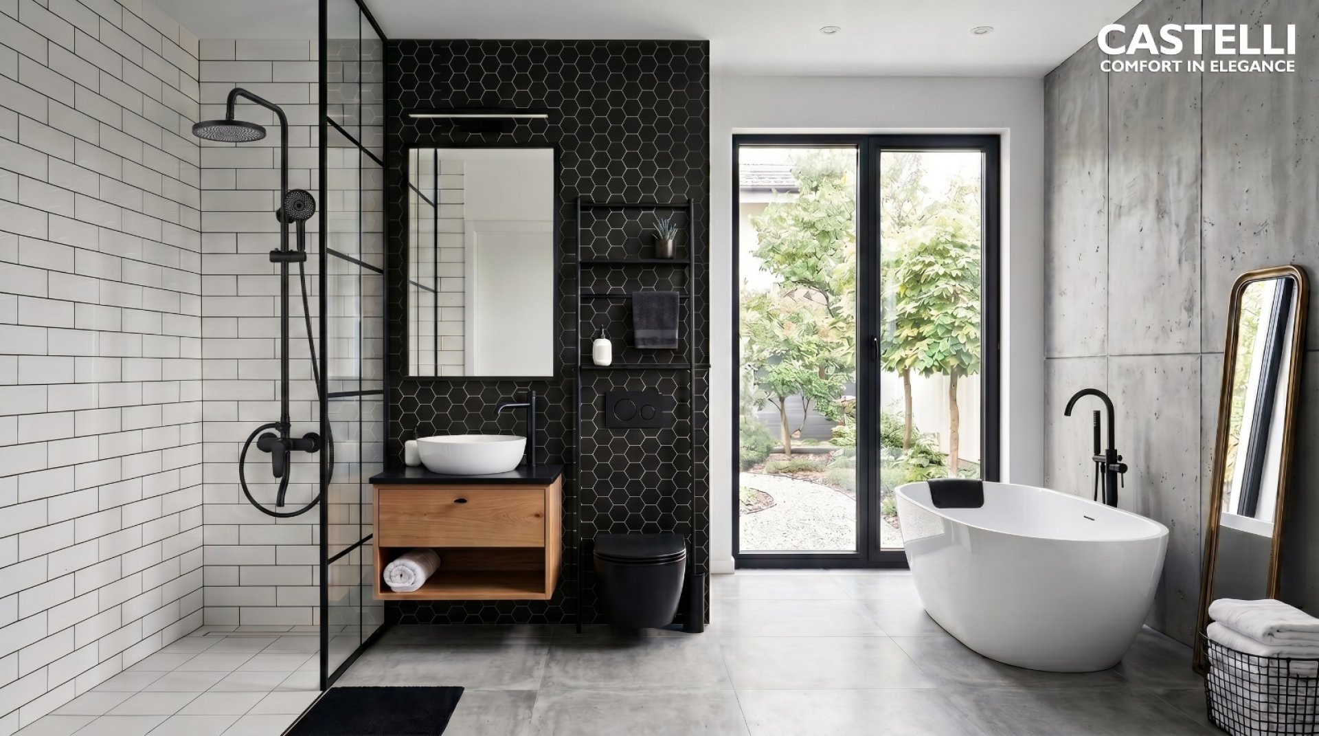Kamar Mandi Monokrom The Ultimate Home Experience Perlengkapan kamar mandi berdesain sleek dan proporsional dari Castelli Sanitary yang sangat efektif menghemat ruang di dalam tata letak kamar mandi mungil bernuansa monokrom.