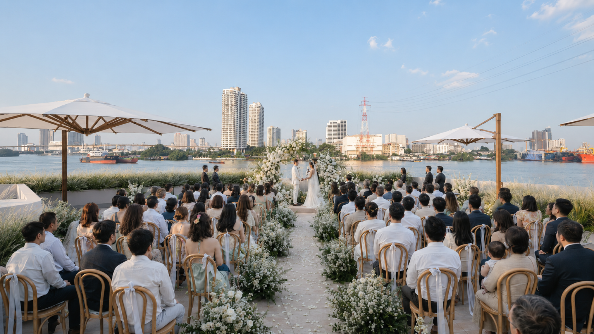 Sky Riverside Wedding rooftop at RARIN Bangkok with Chao Phraya River views Sky Riverside Wedding rooftop at RARIN Bangkok with Chao Phraya River views