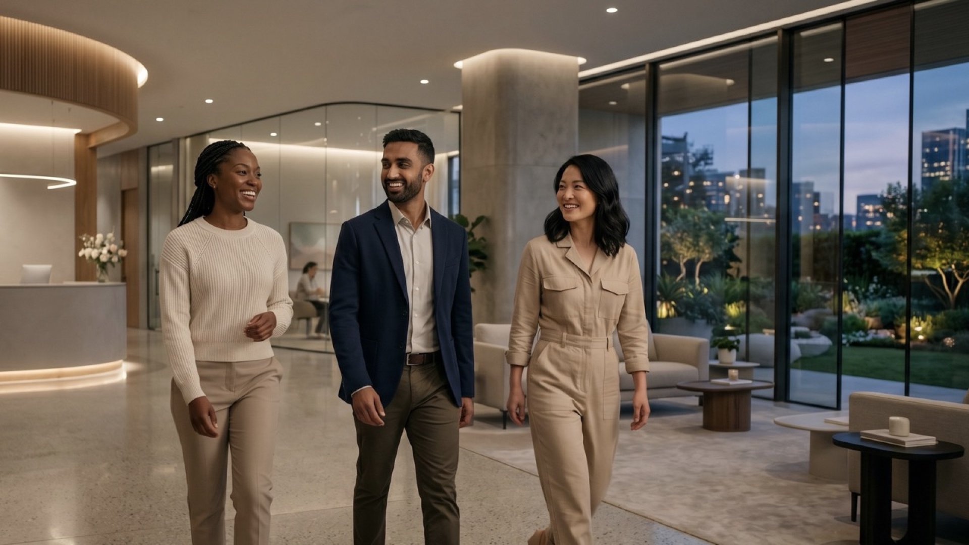A group of diverse, confident individuals with glowing skin standing in the futuristic, minimalist lobby of DGB Clinic. A group of diverse, confident individuals with glowing skin standing in the futuristic, minimalist lobby of DGB Clinic.