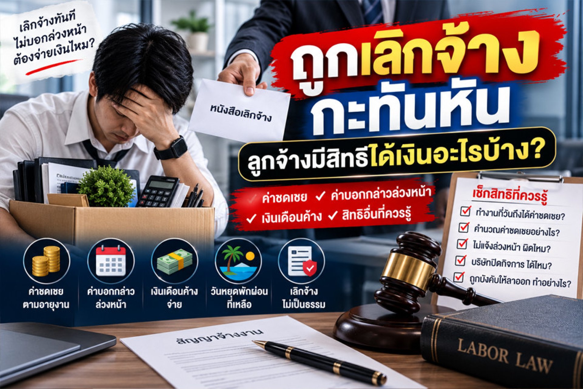 คดีแรงงาน ถูกเลิกจ้างกะทันหัน ได้เงินอะไรบ้าง คดีแรงงาน ถูกเลิกจ้างกะทันหัน ได้เงินอะไรบ้าง