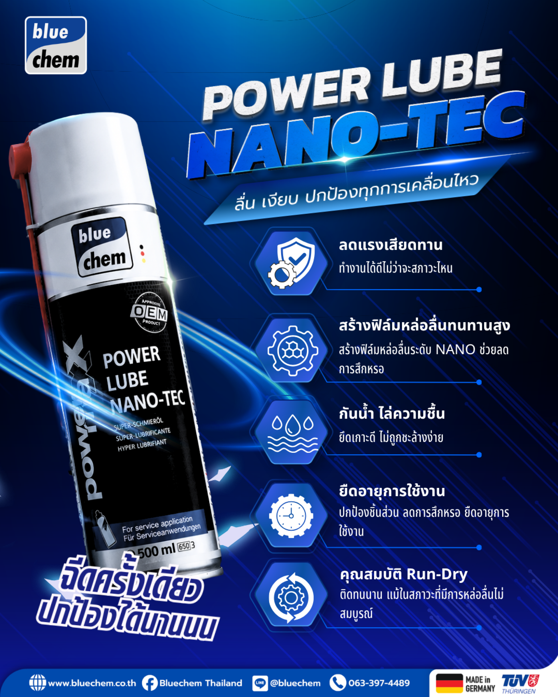 Power Lube Nano-Tec ผลิตภัณฑ์หล่อลื่นและปกป้องชิ้นส่วนจาก Bluechem Power Lube Nano-Tec ผลิตภัณฑ์หล่อลื่นและปกป้องชิ้นส่วนจาก Bluechem