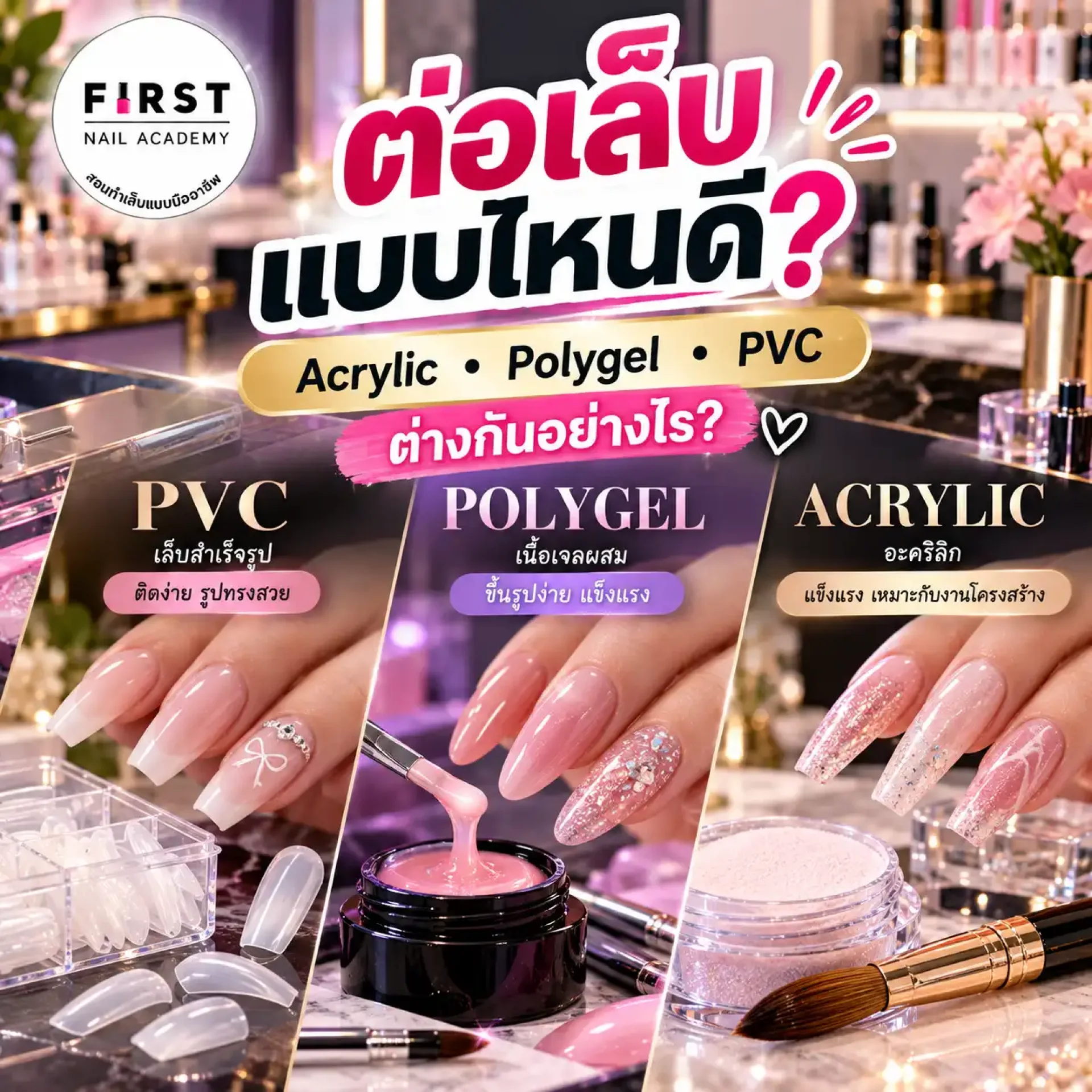 ต่อเล็บ Acrylic Polygel PVC ต่างกันอย่างไร เรียนต่อเล็บ First Nail Academy ต่อเล็บ Acrylic Polygel PVC ต่างกันอย่างไร เรียนต่อเล็บ First Nail Academy