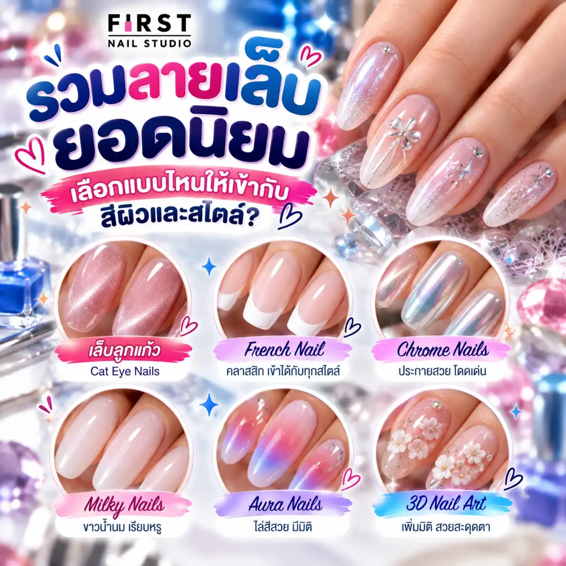 รวมลายเล็บยอดนิยม ลูกแก้ว French Chrome Milky Aura และลายเล็บ 3D รวมลายเล็บยอดนิยม ลูกแก้ว French Chrome Milky Aura และลายเล็บ 3D