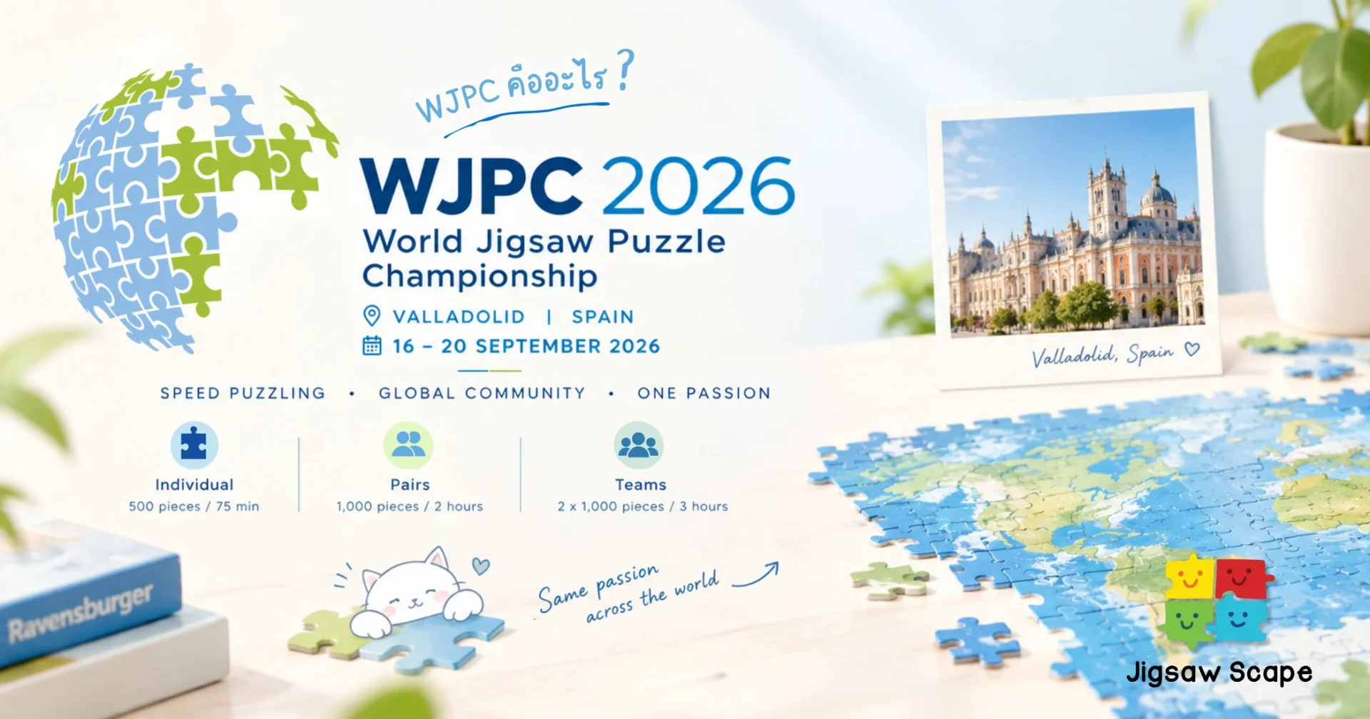 ภาพอินโฟกราฟิกอธิบาย WJPC 2026 (World Jigsaw Puzzle Championship) การแข่งขันต่อจิ๊กซอว์ชิงแชมป์โลก จัดขึ้นที่เมือง Valladolid ประเทศสเปน วันที่ 16-20 กันยายน 2026 แสดงรายละเอียดประเภทการแข่งขัน Individual, Pairs, Teams โดย Jigsaw Scape ร้านขายจิ๊กซอว์ แบร ภาพอินโฟกราฟิกอธิบาย WJPC 2026 (World Jigsaw Puzzle Championship) การแข่งขันต่อจิ๊กซอว์ชิงแชมป์โลก จัดขึ้นที่เมือง Valladolid ประเทศสเปน วันที่ 16-20 กันยายน 2026 แสดงรายละเอียดประเภทการแข่งขัน Individual, Pairs, Teams โดย Jigsaw Scape ร้านขายจิ๊กซอว์ แบร