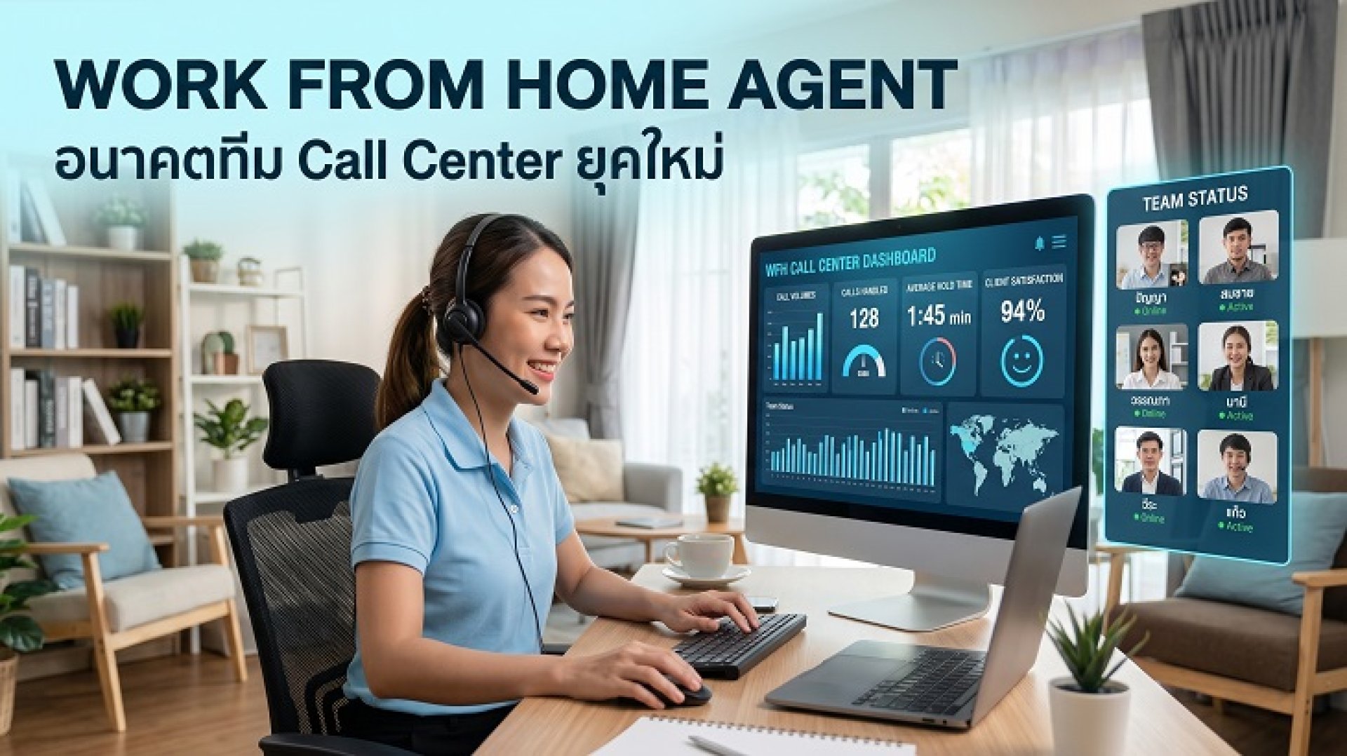 พนักงาน Call Center ทำงานจากที่บ้านเชื่อมต่อกับทีมผ่านระบบออนไลน์ พนักงาน Call Center ทำงานจากที่บ้านเชื่อมต่อกับทีมผ่านระบบออนไลน์