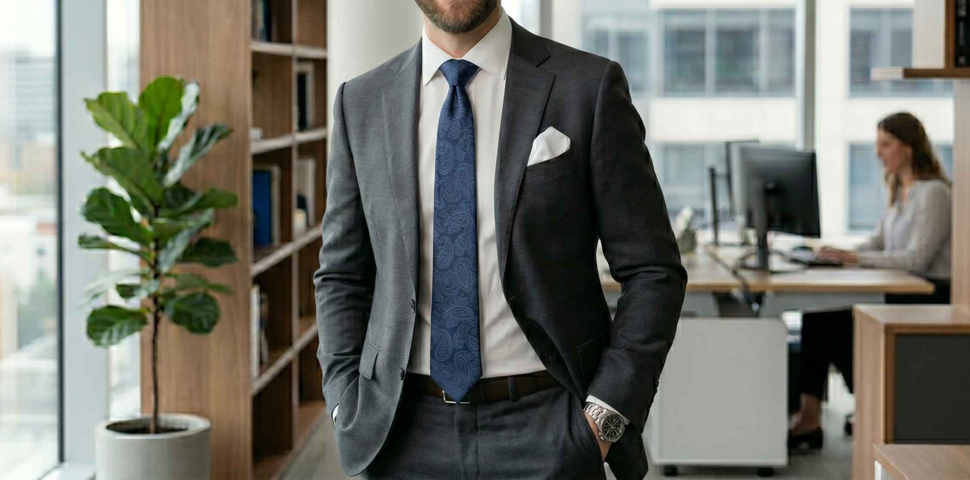 buatkan gambar seorang pria memakai dasi panjang dan pocket square yang selaras buatkan gambar seorang pria memakai dasi panjang dan pocket square yang selaras