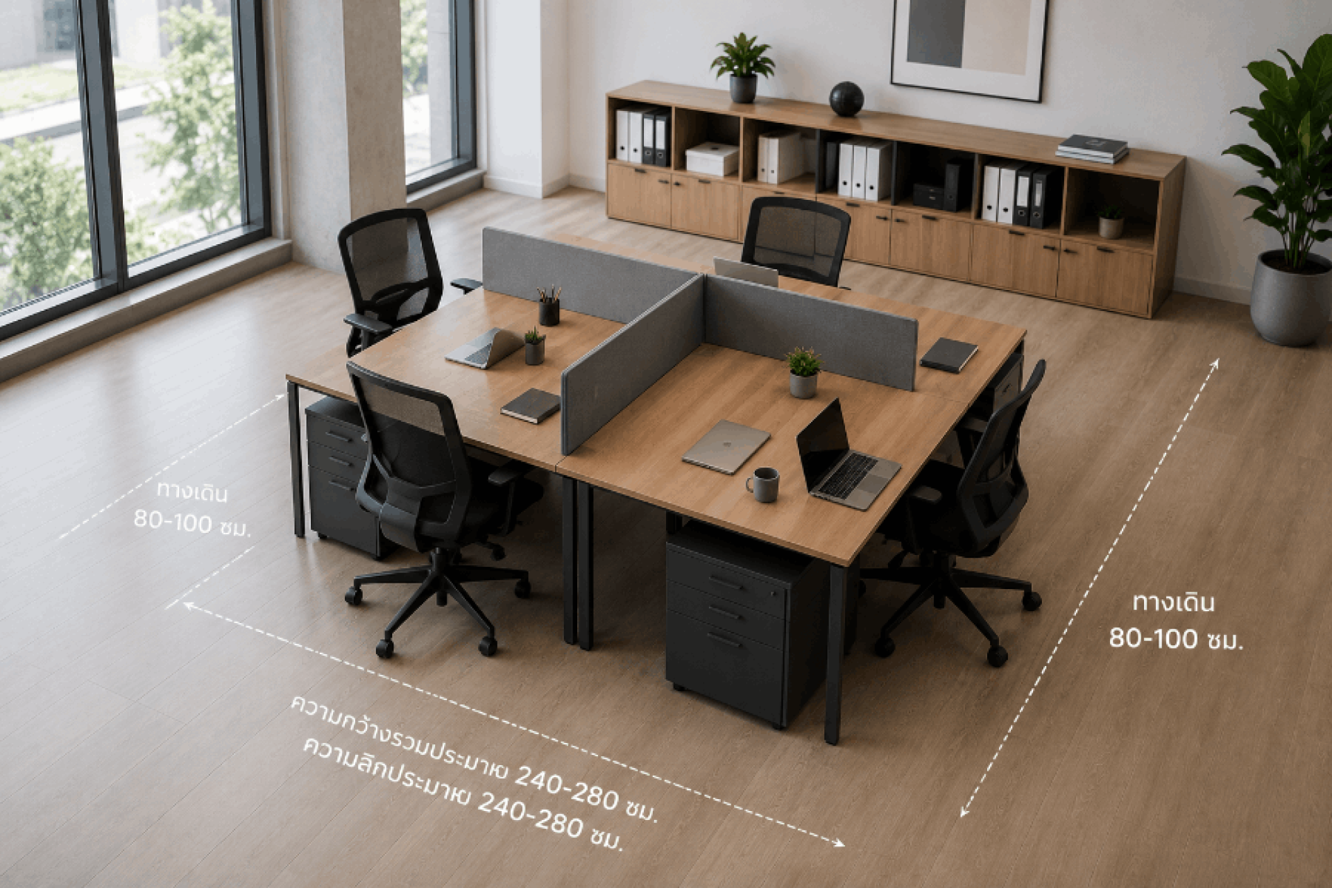 การจัด workstation 4 คน พร้อมระยะทางเดินในออฟฟิศ การจัด workstation 4 คน พร้อมระยะทางเดินในออฟฟิศ