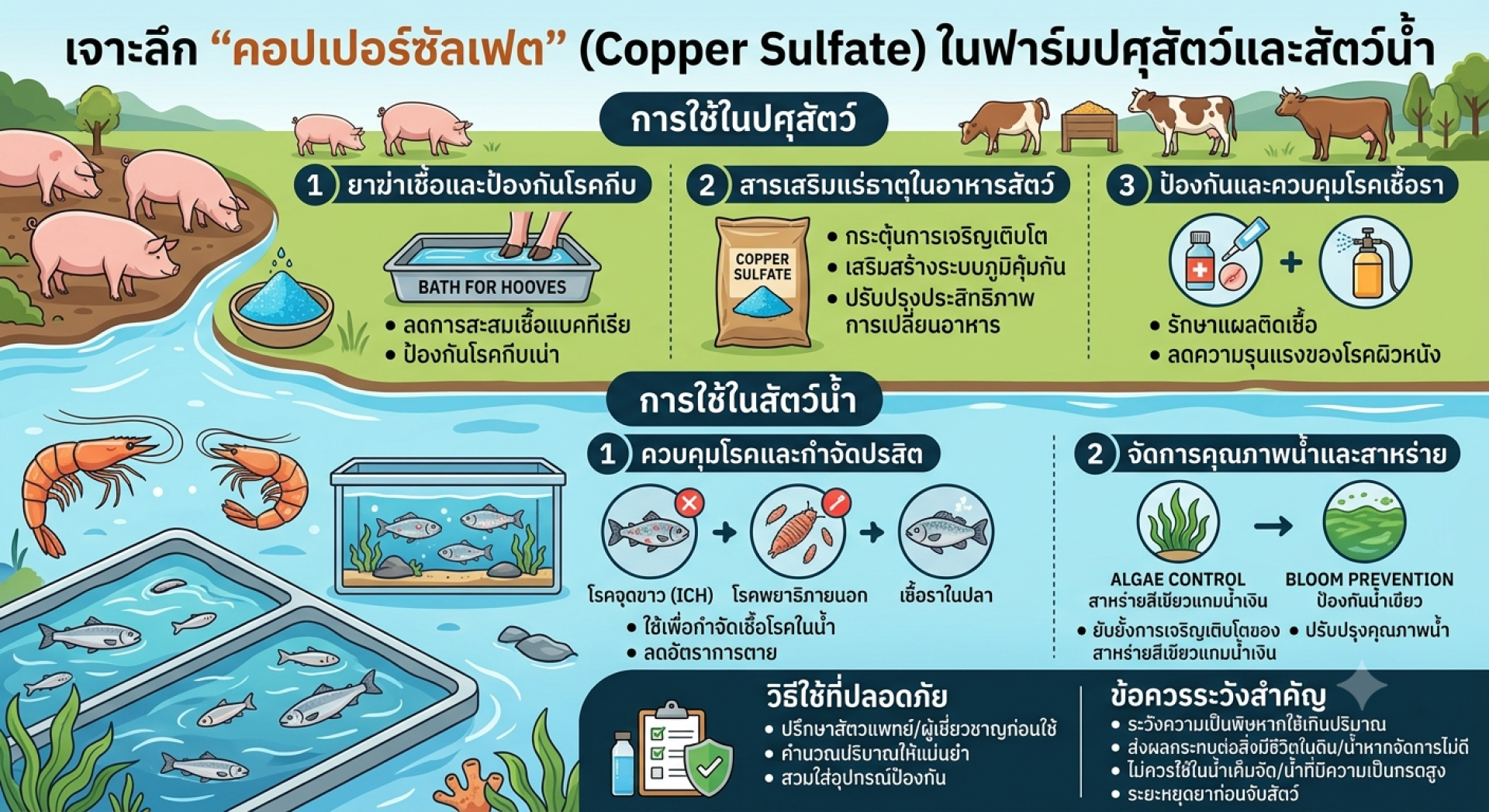 คอปเปอร์ซัลเฟต ในฟาร์ม, ประโยชน์คอปเปอร์ซัลเฟต สัตว์น้ำ, จุนสี ปศุสัตว์ คอปเปอร์ซัลเฟต ในฟาร์ม, ประโยชน์คอปเปอร์ซัลเฟต สัตว์น้ำ, จุนสี ปศุสัตว์