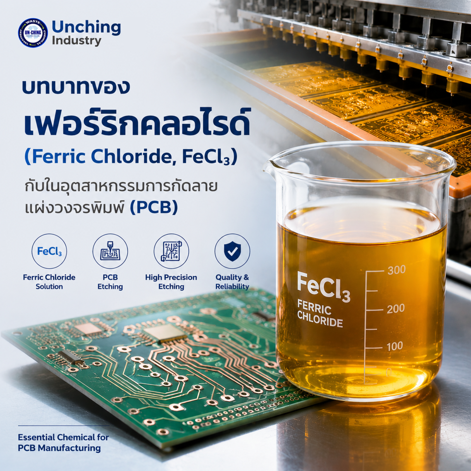 เฟอร์ริกคลอไรด์ (Ferric Chloride, FeCl₃)กับในอุตสาหกรรมการกัดลายแผงวงจรพิมพ์ (PCB) เฟอร์ริกคลอไรด์ (Ferric Chloride, FeCl₃)กับในอุตสาหกรรมการกัดลายแผงวงจรพิมพ์ (PCB)