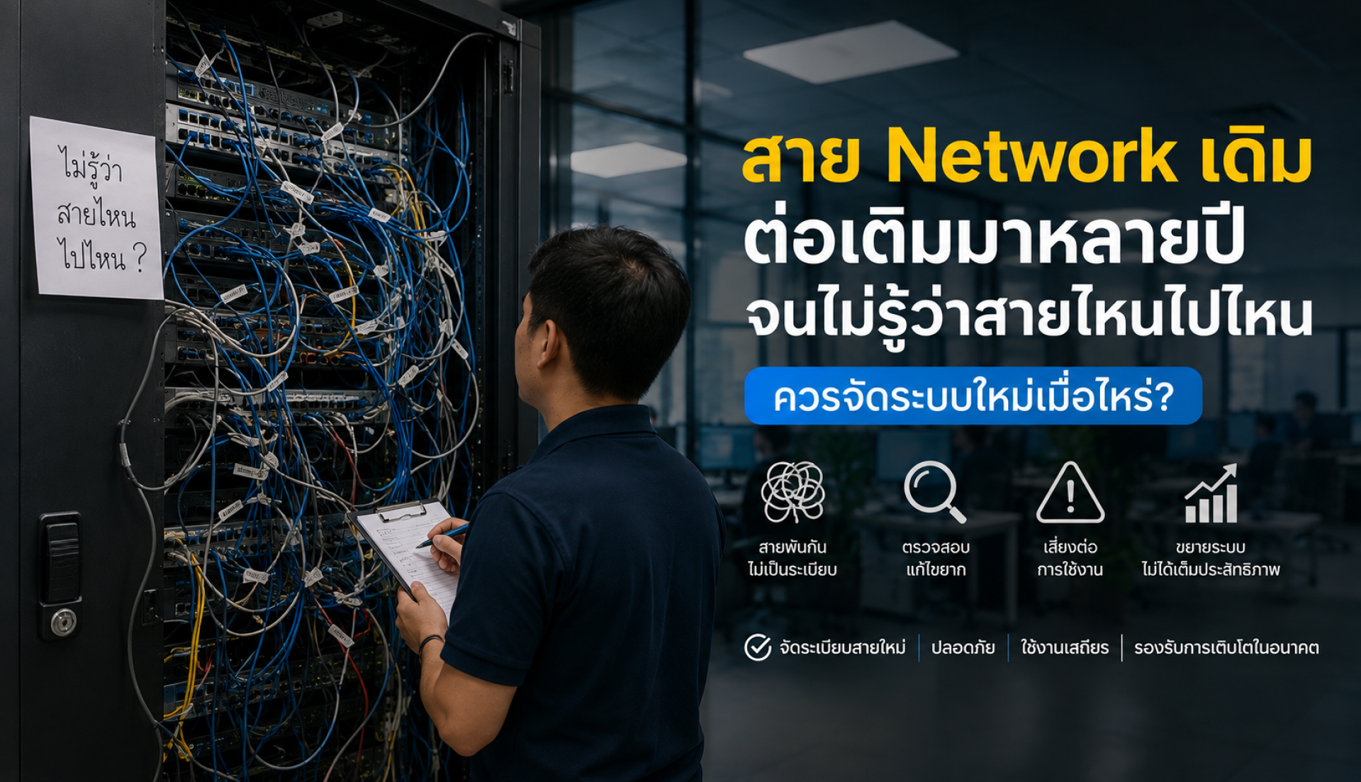 สาย Network เดิมต่อเติมมาหลายปีและไม่เป็นระเบียบ สัญญาณว่าควรจัดระบบ Network Infrastructure ใหม่ สาย Network เดิมต่อเติมมาหลายปีและไม่เป็นระเบียบ สัญญาณว่าควรจัดระบบ Network Infrastructure ใหม่