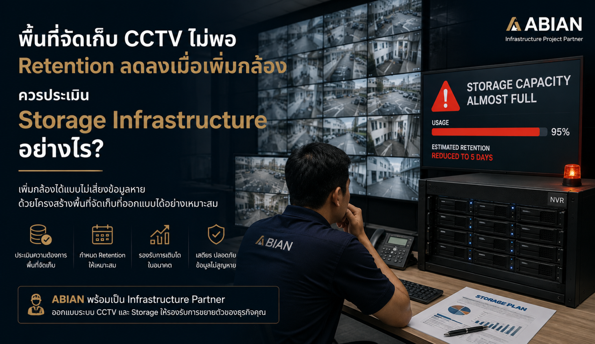 พื้นที่จัดเก็บ CCTV ไม่เพียงพอและ Retention ลดลงเมื่อเพิ่มกล้อง สัญญาณที่ควรประเมิน Storage Infrastructure ใหม่ พื้นที่จัดเก็บ CCTV ไม่เพียงพอและ Retention ลดลงเมื่อเพิ่มกล้อง สัญญาณที่ควรประเมิน Storage Infrastructure ใหม่