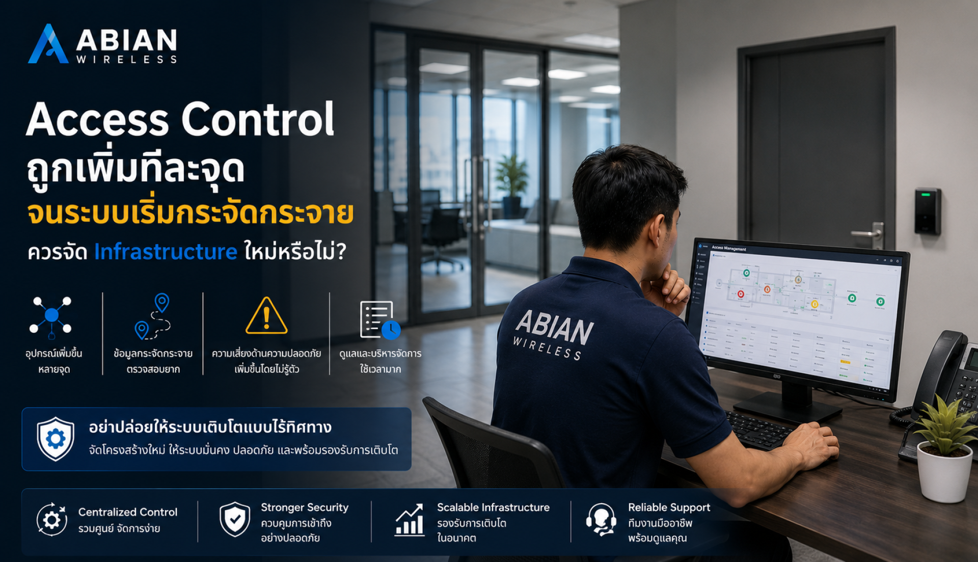 ระบบ Access Control ขององค์กรที่เพิ่มหลายจุดและเริ่มกระจัดกระจาย เพื่อพิจารณาจัด Infrastructure ใหม่ให้บริหารจัดการง่าย ปลอดภัย และรองรับการขยายระบบ ระบบ Access Control ขององค์กรที่เพิ่มหลายจุดและเริ่มกระจัดกระจาย เพื่อพิจารณาจัด Infrastructure ใหม่ให้บริหารจัดการง่าย ปลอดภัย และรองรับการขยายระบบ