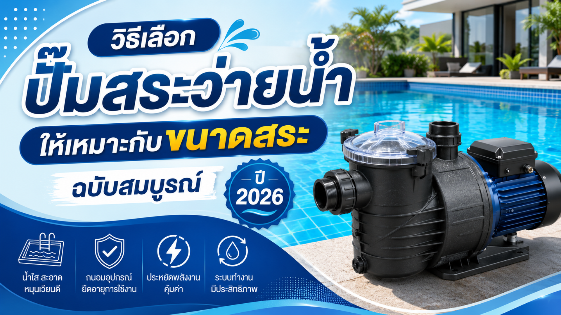 วิธีเลือกปั๊มสระว่ายน้ำให้เหมาะกับขนาดสระ ฉบับสมบูรณ์ ปี 2026 วิธีเลือกปั๊มสระว่ายน้ำให้เหมาะกับขนาดสระ ฉบับสมบูรณ์ ปี 2026
