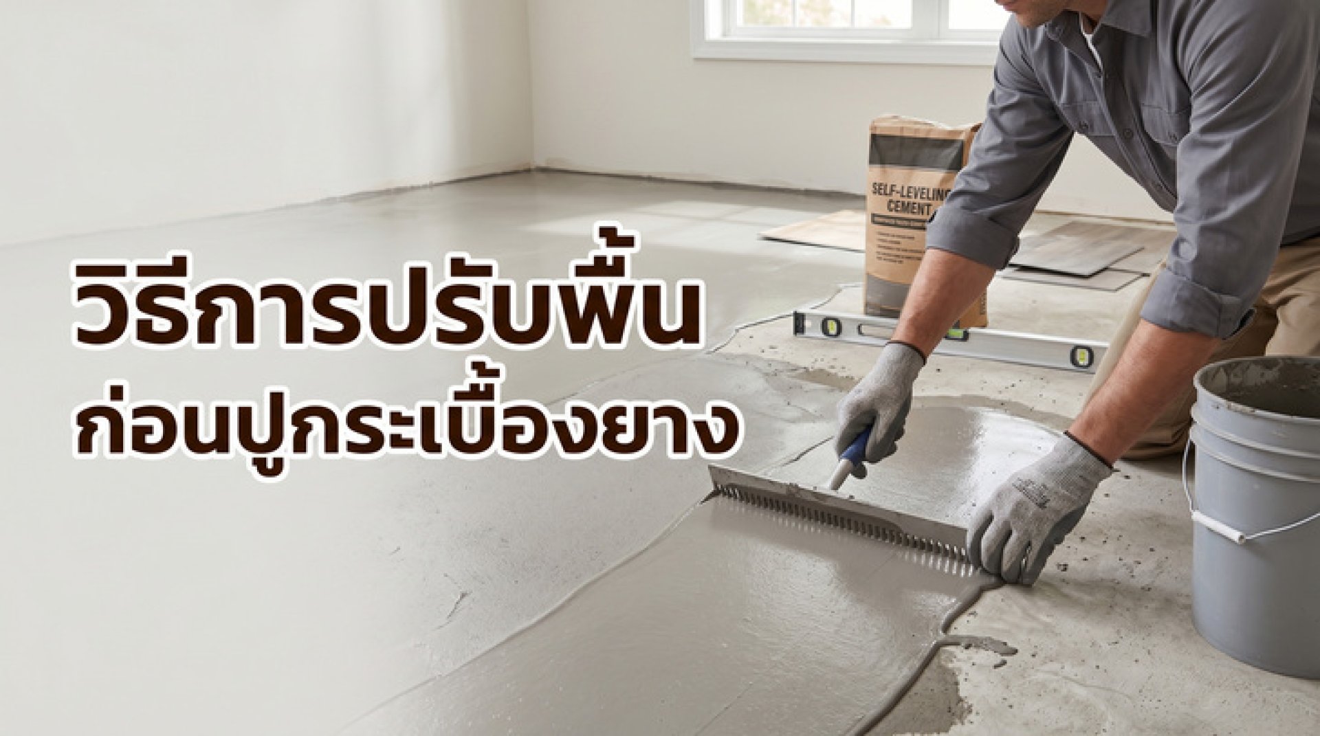 ช่างกำลังใช้เกรียงปาดปูนฉาบปรับระดับพื้นผิวคอนกรีตเพื่อเตรียมความพร้อมสำหรับการติดตั้งกระเบื้องยาง ช่างกำลังใช้เกรียงปาดปูนฉาบปรับระดับพื้นผิวคอนกรีตเพื่อเตรียมความพร้อมสำหรับการติดตั้งกระเบื้องยาง