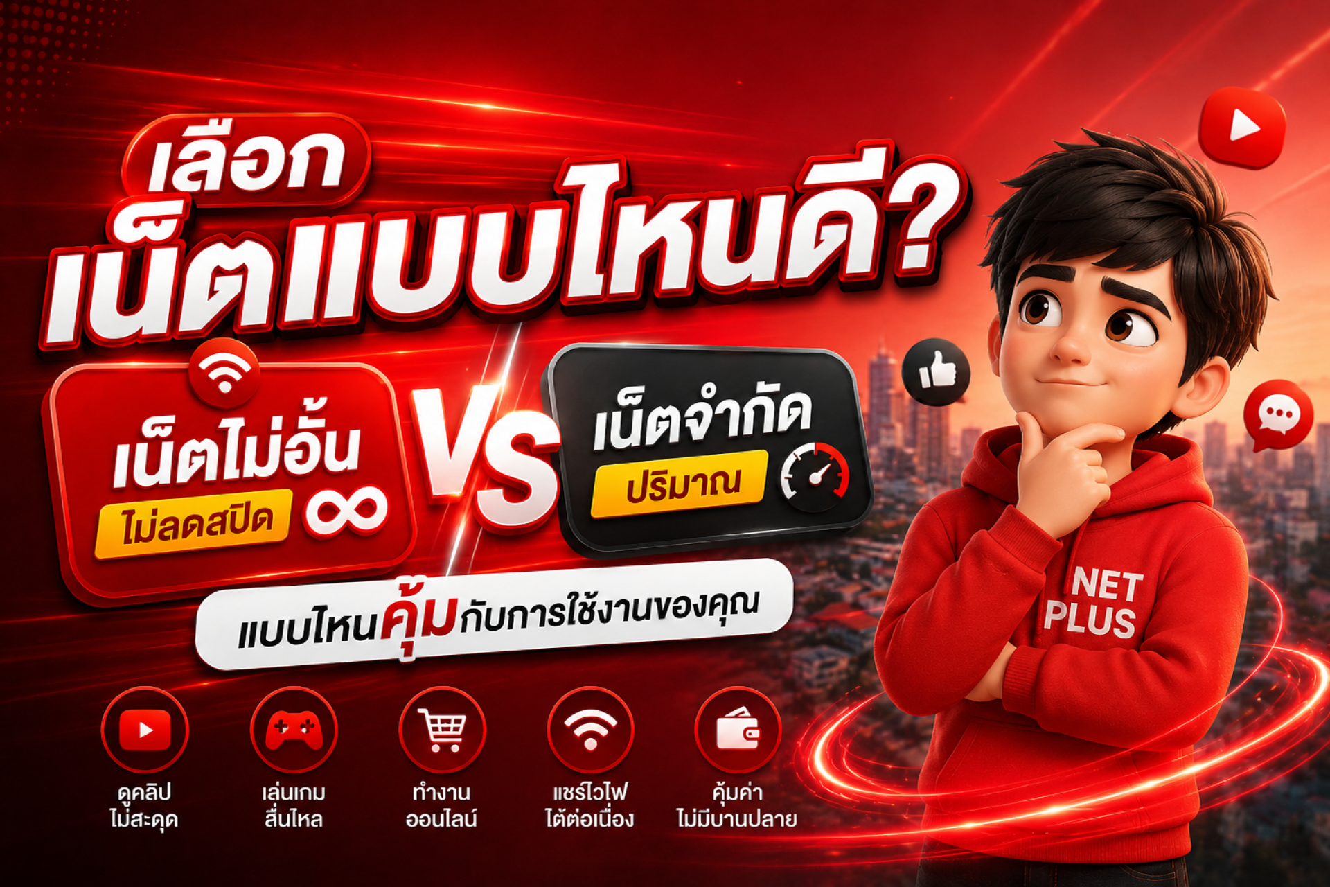 เลือกเน็ตแบบไหนดี? เปรียบเทียบเน็ตไม่อั้นกับเน็ตจำกัดปริมาณ พร้อมแนะนำว่าแพ็กเกจแบบไหนคุ้มและเหมาะกับการใช้งานของคุณ เลือกเน็ตแบบไหนดี? เปรียบเทียบเน็ตไม่อั้นกับเน็ตจำกัดปริมาณ พร้อมแนะนำว่าแพ็กเกจแบบไหนคุ้มและเหมาะกับการใช้งานของคุณ