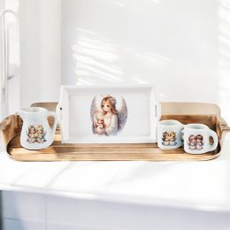 Miniature tea set featuring angel designs, including a tray, pitcher, and two mugs, perfect for dollhouse decor or 1:12 scale collections