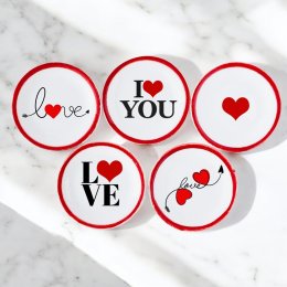 Set of five miniature ceramic plates with love-themed designs and red rims, perfect for Valentine's Day dollhouse table settings