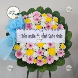 พวงหรีดดอกไม้สด โทนชมพูเหลือง ส่งวัดการ้อง สุพรรณบุรี