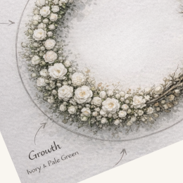 งานจัดดอกไม้ The Unfinished Cycle โดย Lefloriste วงกลมดอกไม้สีขาวที่ค่อย ๆ เปลี่ยนจากดอกไม้สดไปเป็นกิ่งไม้แห้ง สื่อถึงวงจรชีวิต