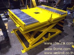 โต๊ะยก-หมุน พร้อมรางลูกกลิ้ง (table lifter with free roller conveyor on turntable)