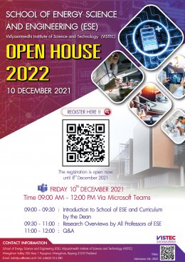 Final chance for you (everyone, not just students) to register for the open house of the School of Energy Science and Engineering (ESE) at VISTEC in Wangchan Valley, Rayong Thailand In the event, you will see insight into our research activities from all 