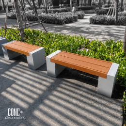 ม้านั่งสนามปูนซีเมนต์ CONC Concreation ขนาด 120 ซม. ที่นั่งไม้ไฟเบอร์ซีเมนต์ CONWOOD สีไม้สัก ตกแต่งสวนสไตล์โมเดิร์น