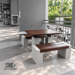 ชุดโต๊ะม้านั่งสนามสีไม้โอ๊ค CONC Concreation โต๊ะ 120 ซม. พร้อมม้านั่ง 2 ตัว ฐานปูนซีเมนต์
