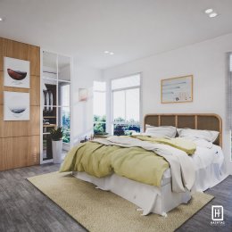 งานออกแบบห้องนอนบ้านพัก ห้อง Master Bedroom & Walk in Closet หมู่บ้าน Inizio4 Nonthaburi  l บริการออกแบบ ผลิต และติดตั้งครบวงจร