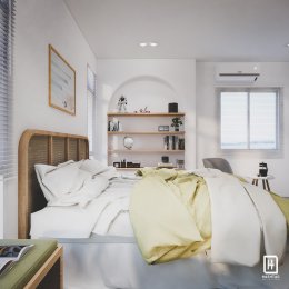 งานออกแบบห้องนอนบ้านพัก ห้อง Master Bedroom & Walk in Closet หมู่บ้าน Inizio4 Nonthaburi  l บริการออกแบบ ผลิต และติดตั้งครบวงจร
