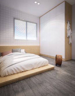 งานออกแบบห้องนอนบ้านพัก ห้อง MUJI STYLE Bedroom หมู่บ้าน Inizio4 Nonthaburi  l บริการออกแบบ ผลิต และติดตั้งครบวงจร