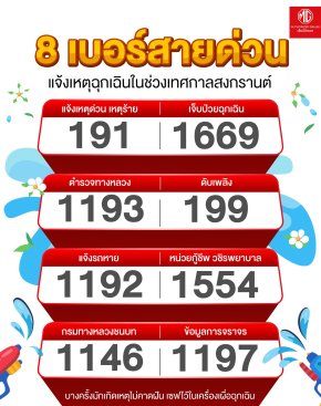 สงกรานต์นี้เซฟด่วน! รวม 8 เบอร์โทรฉุกเฉิน แจ้งเหตุช่วงเทศกาล