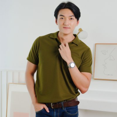 เสื้อโปโล รุ่นมีกระเป๋า สีเขียวทหารบก
