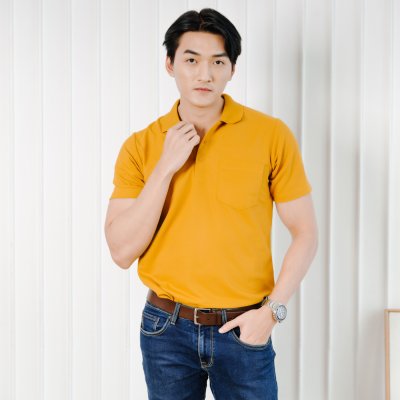 เสื้อโปโล รุ่นมีกระเป๋า สีเหลืองมัสตาร์ด