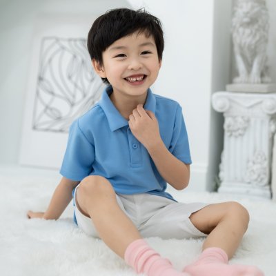 เสื้อโปโลเด็ก สไตล์มินิมอล สีฟ้าเฟรนช์บลู