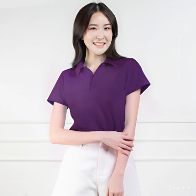 เสื้อโปโลหญิง "ทรงเว้าเอว" สีม่วงเข้ม
