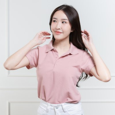 เสื้อโปโลหญิง "ทรงเว้าเอว" สีชมพูกุหลาบ