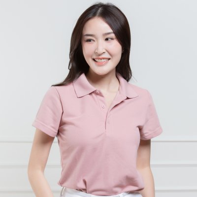 เสื้อโปโลหญิง "ทรงเว้าเอว" สีชมพูกุหลาบ