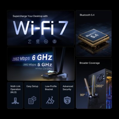 อุปกรณ์เน็ตเวิร์ค, Network, การ์ดไวไฟ, PCIe Adapter, TP-Link, TP-Link BE6500, BE6500 Wi-Fi 7 Bluetooth, Archer TBE400E