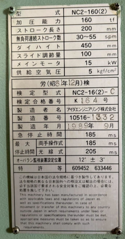 MODEL NC2-160(2) YEAR 1989 / 09 AIDA