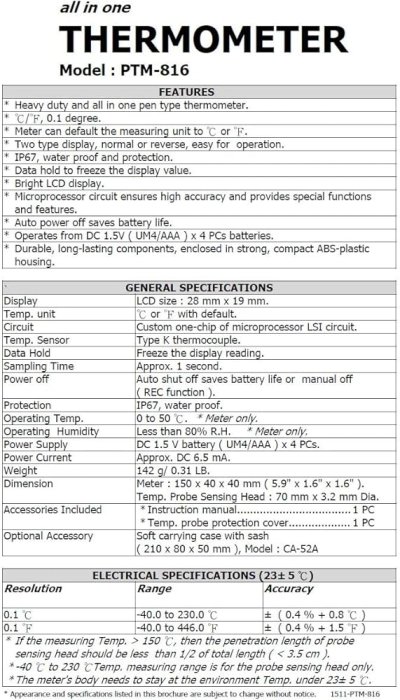 Lutron PTM 816 Termometer Pen